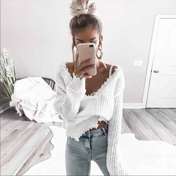 Sweaters - Boho Ripped frayed distressed v neck sweater white